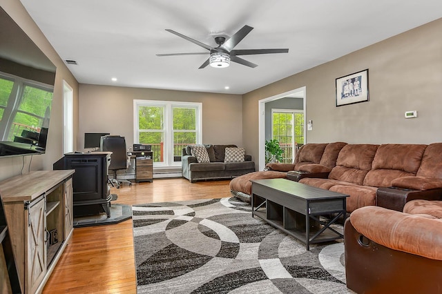105 Fall Mill Rd, York, ME 03909 - living room featuring a ceiling fan, light wood-style floors, plenty of natural light, and recessed lighting