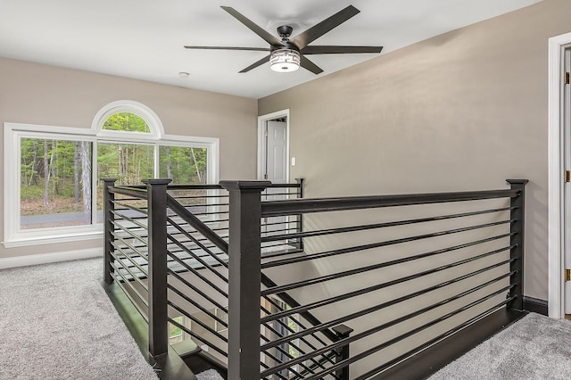 105 Fall Mill Rd, York, ME 03909 - stairway featuring a ceiling fan, carpet, and baseboards