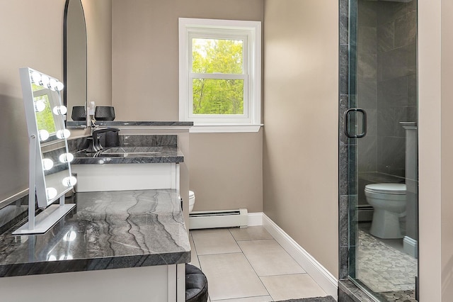 105 Fall Mill Rd, York, ME 03909 - bathroom with a baseboard radiator, toilet, vanity, tile patterned flooring, and a stall shower