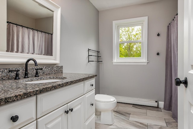 105 Fall Mill Rd, York, ME 03909 - full bathroom with a baseboard radiator, vanity, toilet, baseboards, and marble finish flooring