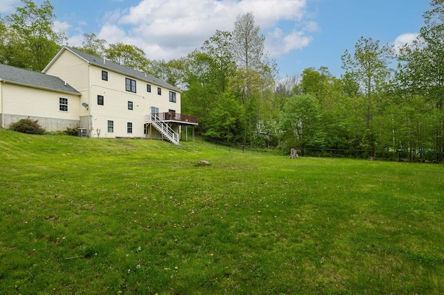 105 Fall Mill Rd, York, ME 03909 - view of green lawn featuring stairway and a wooden deck