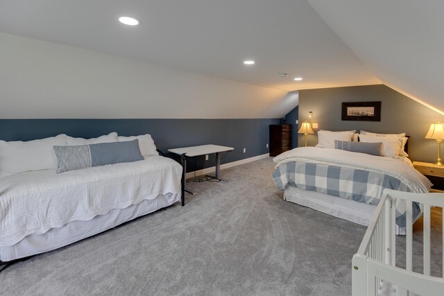 104 Champagne Cir, Campton, NH 03223 - carpeted bedroom with lofted ceiling, baseboards, and recessed lighting