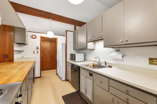 25 Wendover Way, Bedford, NH 03110 - kitchen with a sink, freestanding refrigerator, black dishwasher, range, and gray cabinets