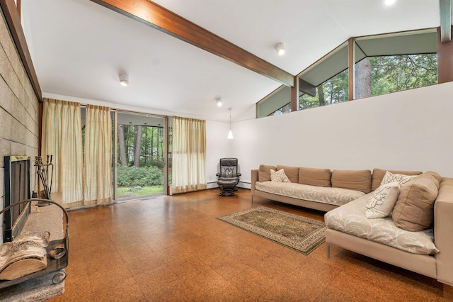 25 Wendover Way, Bedford, NH 03110 - living room featuring beamed ceiling, tile patterned floors, and high vaulted ceiling