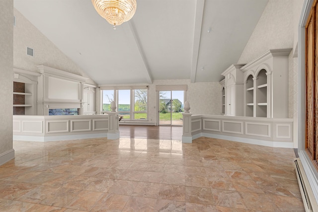 43 Sterling Pl, Bow, NH 03304 - unfurnished living room with a baseboard heating unit, high vaulted ceiling, built in shelves, a chandelier, and beam ceiling
