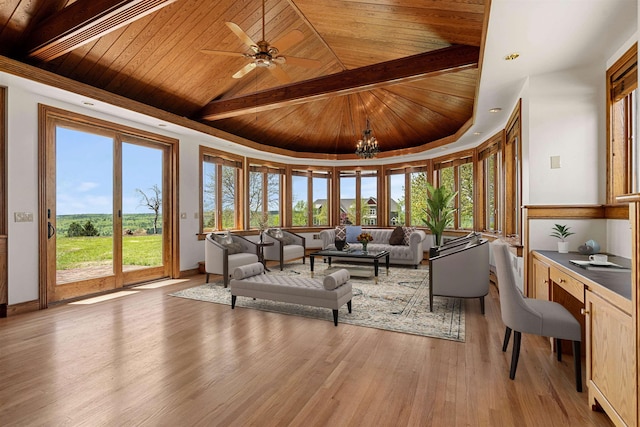43 Sterling Pl, Bow, NH 03304 - living area with wooden ceiling with exposed beams, light wood-type flooring, a chandelier, ceiling fan, and an office area