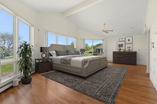 43 Sterling Pl, Bow, NH 03304 - bedroom with beam ceiling, multiple windows, light wood-style floors, high vaulted ceiling, and ceiling fan