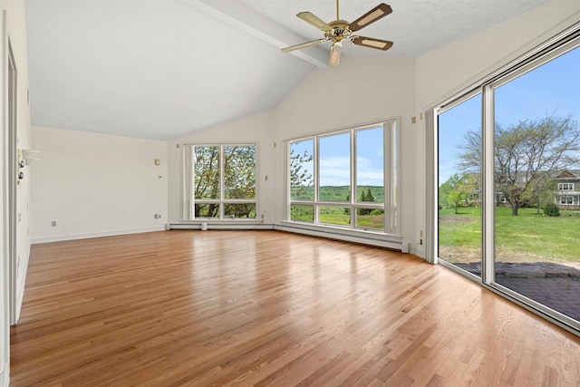 43 Sterling Pl, Bow, NH 03304 - unfurnished living room with beam ceiling, wood finished floors, healthy amount of natural light, ceiling fan, and high vaulted ceiling