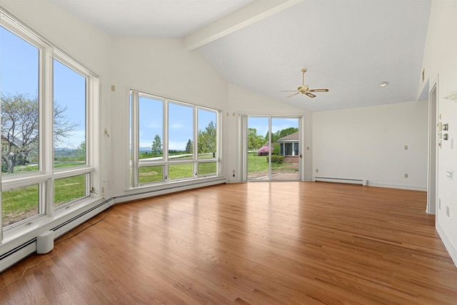 43 Sterling Pl, Bow, NH 03304 - empty room featuring a baseboard radiator, beam ceiling, a ceiling fan, wood finished floors, and high vaulted ceiling