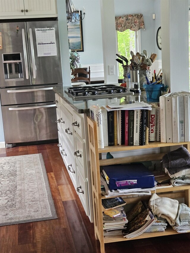 45 Deacon Willey Rd, Campton, NH 03223 - kitchen featuring stainless steel appliances, white cabinets, dark wood-style floors, and dark stone countertops