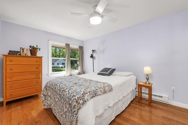 37 Port Wedeln Rd, Wolfeboro, NH 03894 - bedroom with a baseboard radiator, wood finished floors, baseboards, and ceiling fan