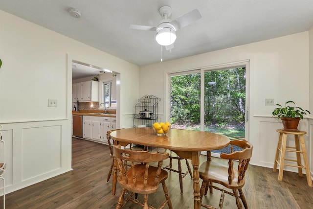 37 Port Wedeln Rd, Wolfeboro, NH 03894 - dining room with dark wood-style floors, a ceiling fan, and wainscoting