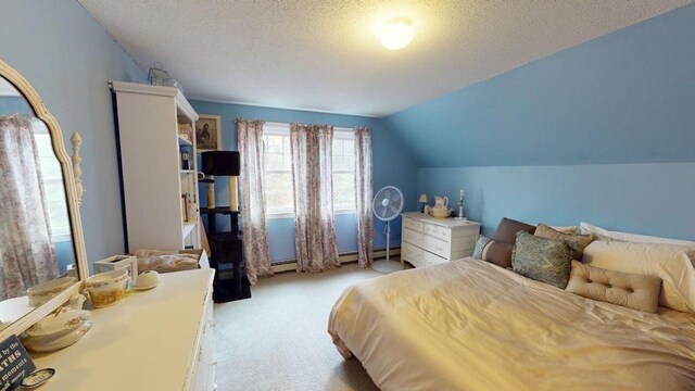 1862 Hooksett Rd, Hooksett, NH 03106 - bedroom with light carpet, a textured ceiling, vaulted ceiling, and a baseboard radiator