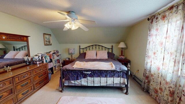 1862 Hooksett Rd, Hooksett, NH 03106 - carpeted bedroom featuring a baseboard heating unit, lofted ceiling, multiple windows, and ceiling fan