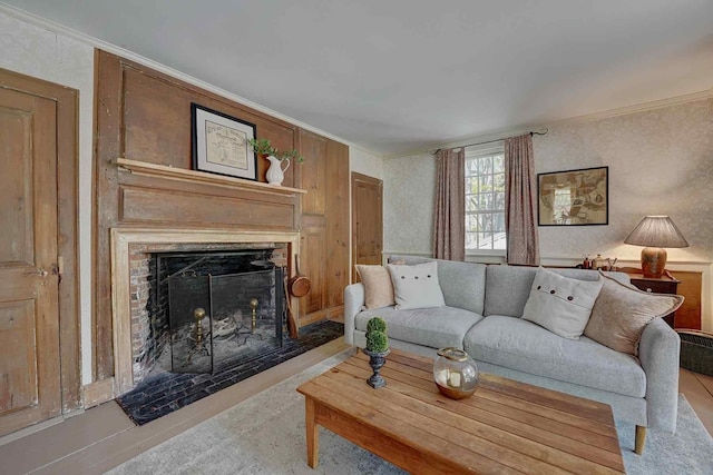 520 Washington Rd, Rye, NH 03870 - carpeted living room with ornamental molding and a fireplace with flush hearth