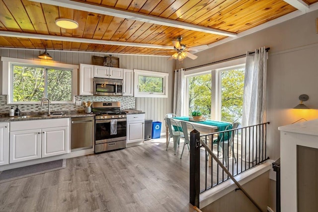235 Pleasant View Dr, North Hero, VT 05474 - kitchen with stainless steel appliances, a sink, wood ceiling with exposed beams, white cabinets, and light wood-style floors