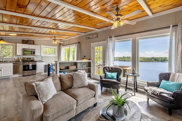 235 Pleasant View Dr, North Hero, VT 05474 - living area with wood ceiling with exposed beams, a ceiling fan, light wood-style flooring, and a water view
