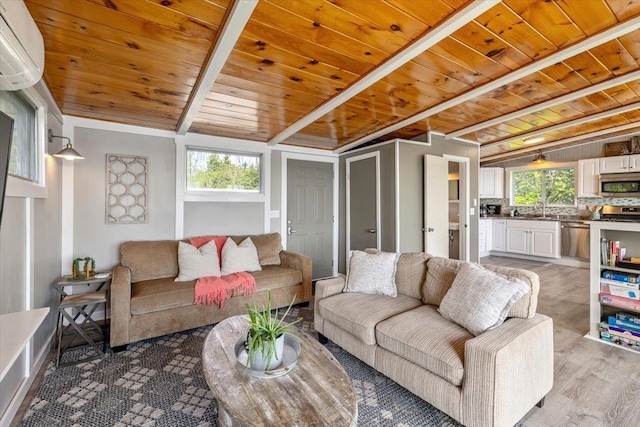 235 Pleasant View Dr, North Hero, VT 05474 - living area with wooden ceiling with exposed beams, plenty of natural light, light wood-type flooring, and a wall mounted air conditioner