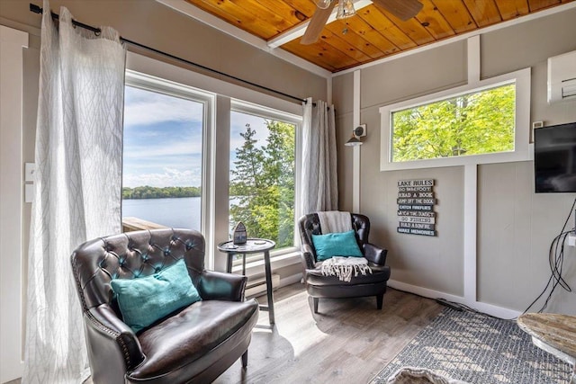 235 Pleasant View Dr, North Hero, VT 05474 - sitting room with wood ceiling, ceiling fan, wood finished floors, and a water view