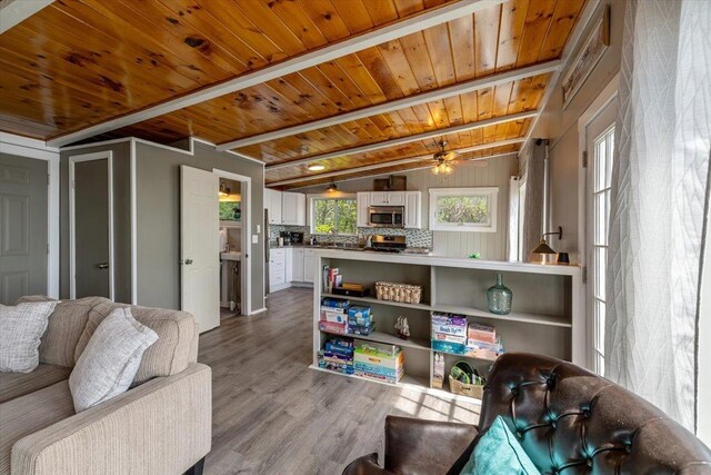 235 Pleasant View Dr, North Hero, VT 05474 - living area with wood ceiling, wood finished floors, and ceiling fan