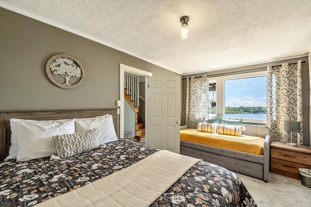 235 Pleasant View Dr, North Hero, VT 05474 - bedroom with carpet, a textured ceiling, vaulted ceiling, and a water view