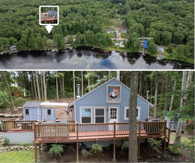 239 NE Pond Rd, Milton, NH 03851 - rear view of property featuring a wooded view and a deck with water view