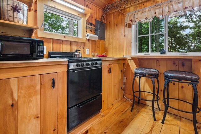 239 NE Pond Rd, Milton, NH 03851 - kitchen featuring black appliances, wood walls, plenty of natural light, light countertops, and light wood-style floors