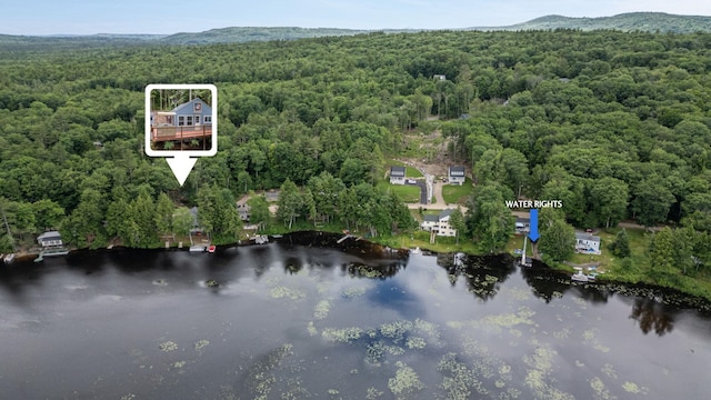 239 NE Pond Rd, Milton, NH 03851 - aerial overview of property's location with a heavily wooded area, property boundaries highlighted, and a water and mountain view