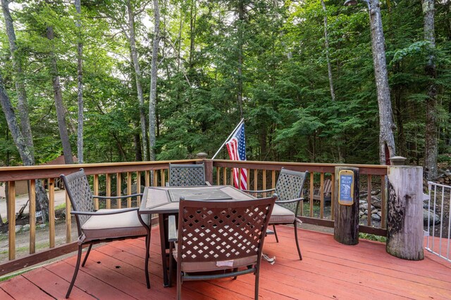 239 NE Pond Rd, Milton, NH 03851 - deck featuring outdoor dining area and a wooded view