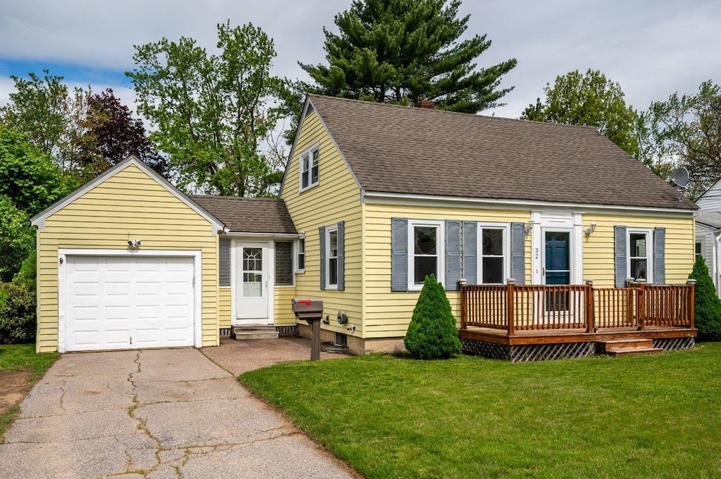 32 Park St, Rochester, NH 03867 - cape cod home with a shingled roof, a front yard, a deck, driveway, and an attached garage