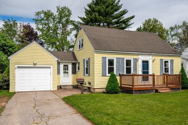 32 Park St, Rochester, NH 03867 - cape cod home with a shingled roof, a front yard, a deck, driveway, and an attached garage