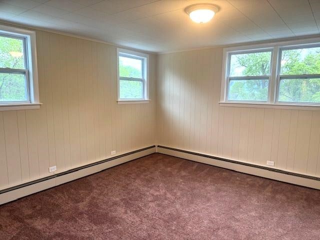 54 E Center St, Rutland City, VT 05701 - carpeted spare room featuring healthy amount of natural light, baseboard heating, and wood walls