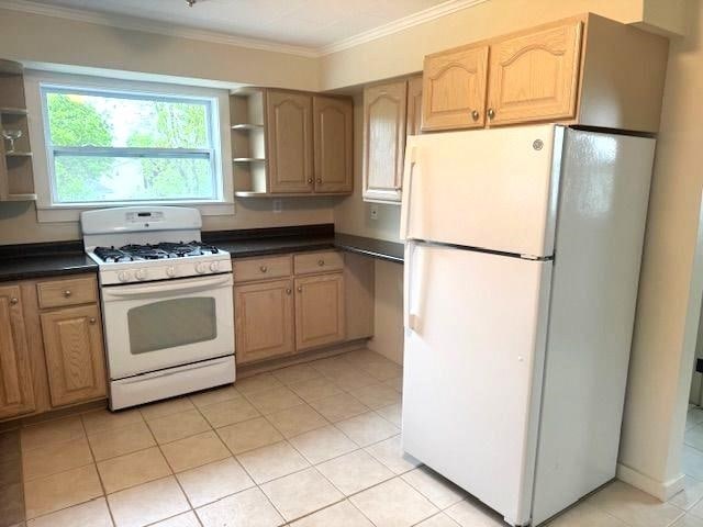 54 E Center St, Rutland City, VT 05701 - kitchen featuring white appliances, open shelves, dark countertops, ornamental molding, and light brown cabinets