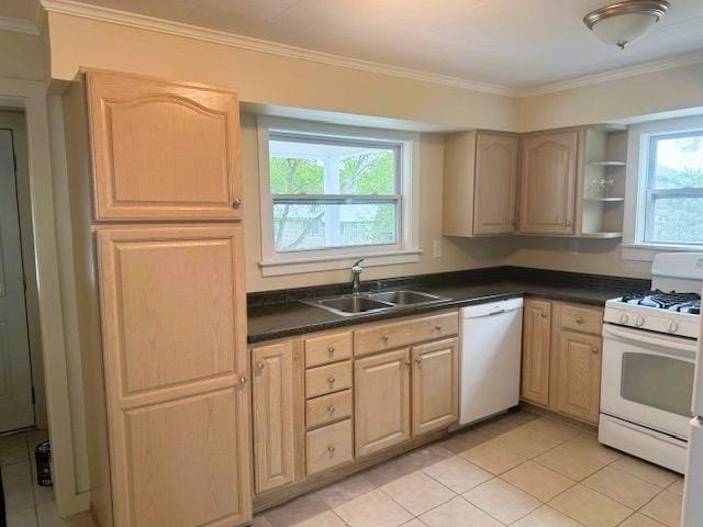 54 E Center St, Rutland City, VT 05701 - kitchen with white appliances, a sink, light brown cabinetry, dark countertops, and light tile patterned flooring