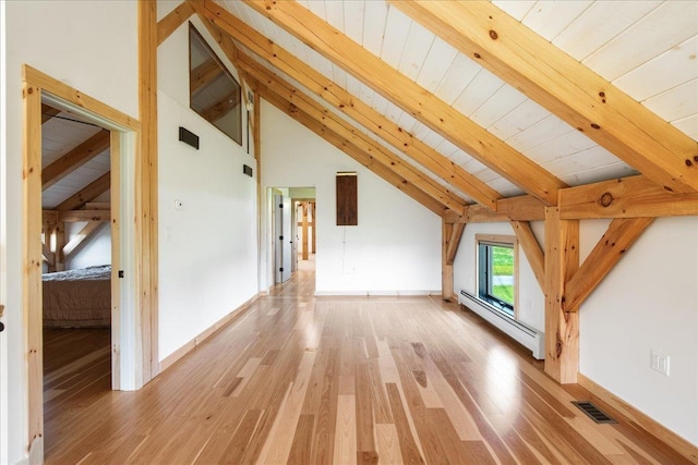 64 Atkins Farm Rd, Ferrisburgh, VT 05456 - additional living space featuring a baseboard radiator, light wood finished floors, wood ceiling, and baseboards