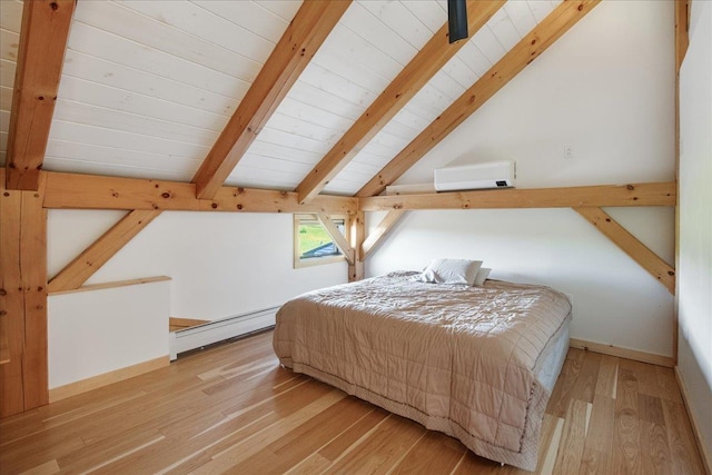 64 Atkins Farm Rd, Ferrisburgh, VT 05456 - bedroom featuring baseboard heating, wooden ceiling, wood finished floors, a wall mounted air conditioner, and baseboards