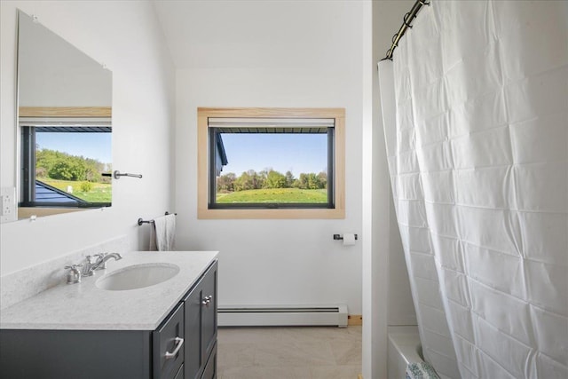 64 Atkins Farm Rd, Ferrisburgh, VT 05456 - full bath with a baseboard heating unit, curtained shower, vanity, marble look tile flooring, and a bath