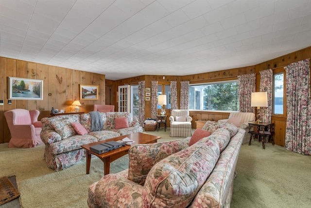74 Keewaydin Rd, Wolfeboro, NH 03894 - living room featuring carpet flooring and wood walls