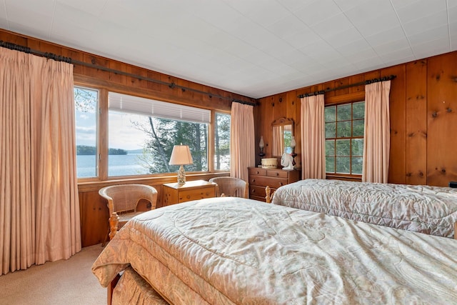 74 Keewaydin Rd, Wolfeboro, NH 03894 - bedroom featuring wooden walls, carpet, and a water view
