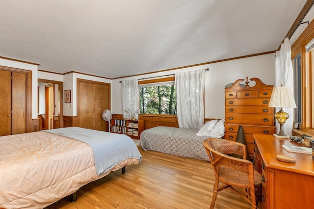 74 Keewaydin Rd, Wolfeboro, NH 03894 - bedroom featuring crown molding, light wood-style flooring, and two closets
