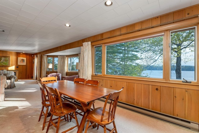 74 Keewaydin Rd, Wolfeboro, NH 03894 - carpeted dining area with wood walls, a baseboard heating unit, plenty of natural light, and recessed lighting