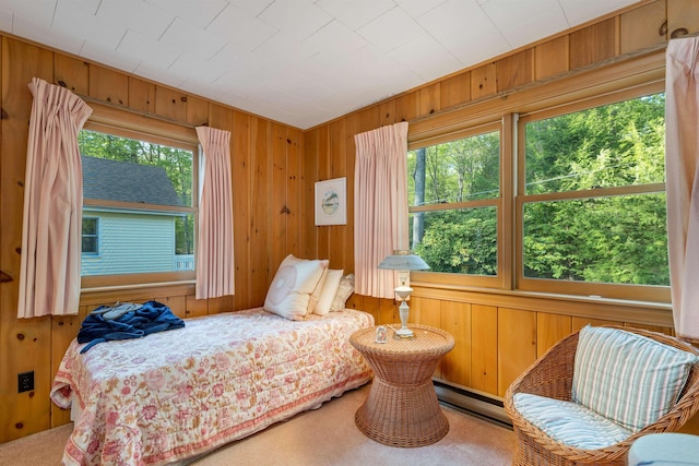 74 Keewaydin Rd, Wolfeboro, NH 03894 - bedroom with a baseboard heating unit, wood walls, and carpet floors