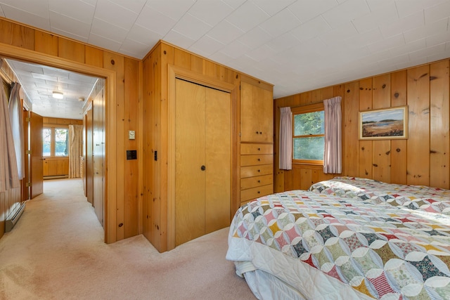 74 Keewaydin Rd, Wolfeboro, NH 03894 - bedroom featuring carpet flooring, a baseboard heating unit, wooden walls, and a closet