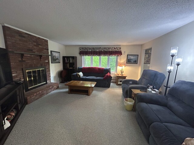 7 Juniper Ridge Rd, Exeter, NH 03833 - living area with carpet floors, a textured ceiling, and a brick fireplace