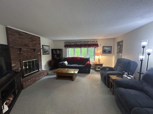 7 Juniper Ridge Rd, Exeter, NH 03833 - carpeted living area with a textured ceiling and a brick fireplace