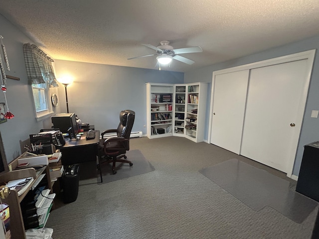 7 Juniper Ridge Rd, Exeter, NH 03833 - carpeted office space with a textured ceiling, ceiling fan, and a baseboard radiator
