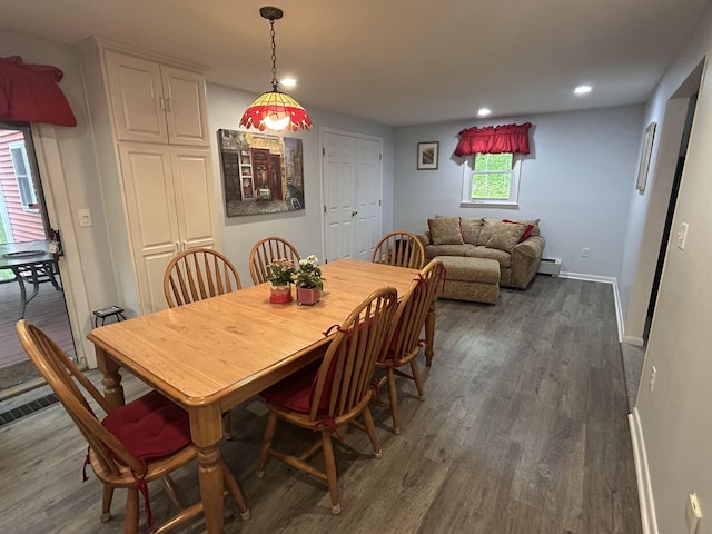 7 Juniper Ridge Rd, Exeter, NH 03833 - dining space with dark wood-style floors, recessed lighting, baseboards, and a baseboard radiator