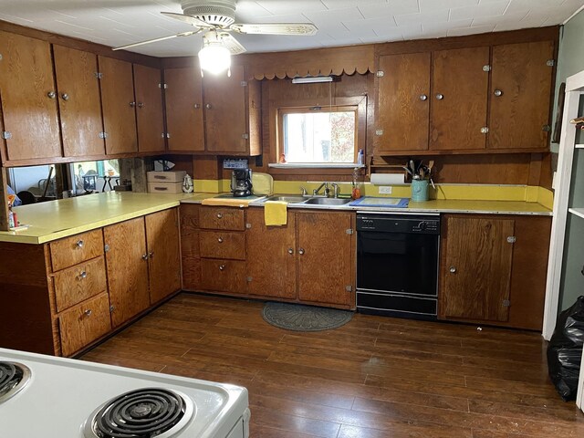 178 Parsons Rd, Wilmington, VT 05363 - kitchen featuring dishwasher, dark wood-type flooring, a sink, a ceiling fan, and brown cabinets