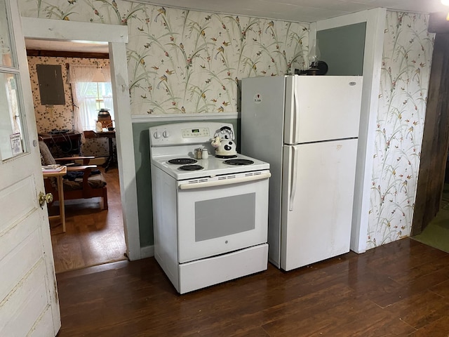 178 Parsons Rd, Wilmington, VT 05363 - kitchen with white appliances, wallpapered walls, dark wood-style floors, and electric panel