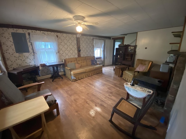 178 Parsons Rd, Wilmington, VT 05363 - living room featuring wallpapered walls, ceiling fan, and wood finished floors